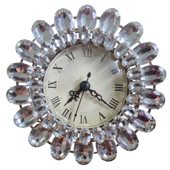 Unbranded Other - Round Table/Desk Top Clock 5.5" Clear Gem Beads Crystal Diamond Style MCM Posh